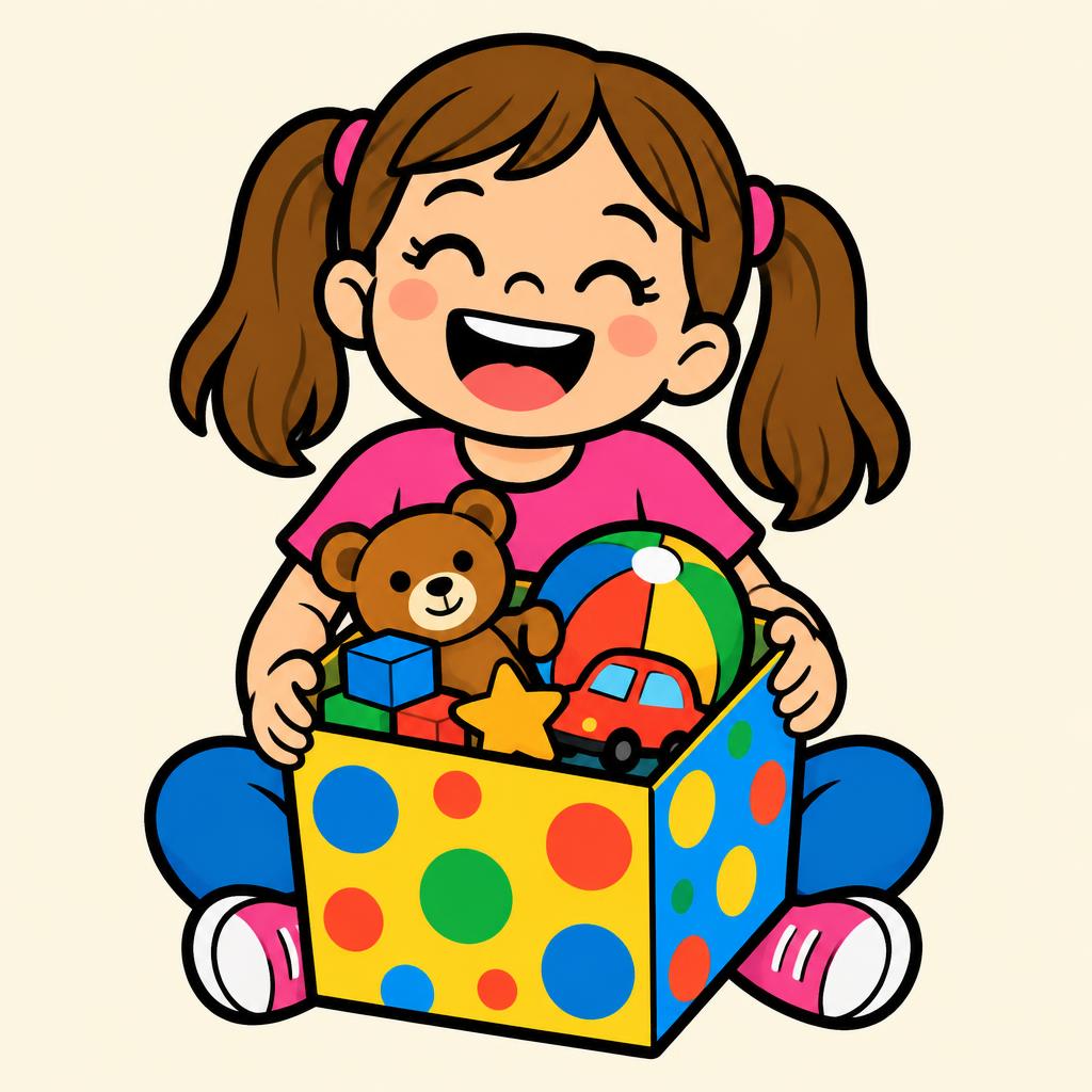 Lena lacht neben ihrer vollen Spielzeugkiste